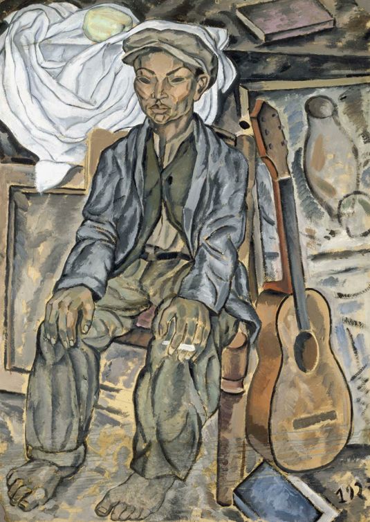 Salvador Dalí's 1923 painting Gitano de Figueres, showing a seated young man in work clothes beside a guitar