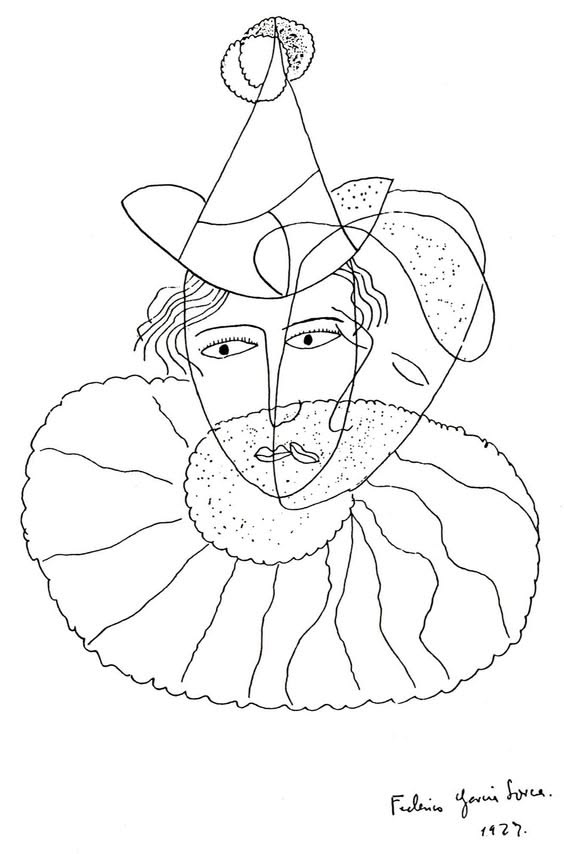 A pen-line drawing signed by Federico García Lorca, 1927, of a stylized harlequin figure in a conical hat and ruffled collar